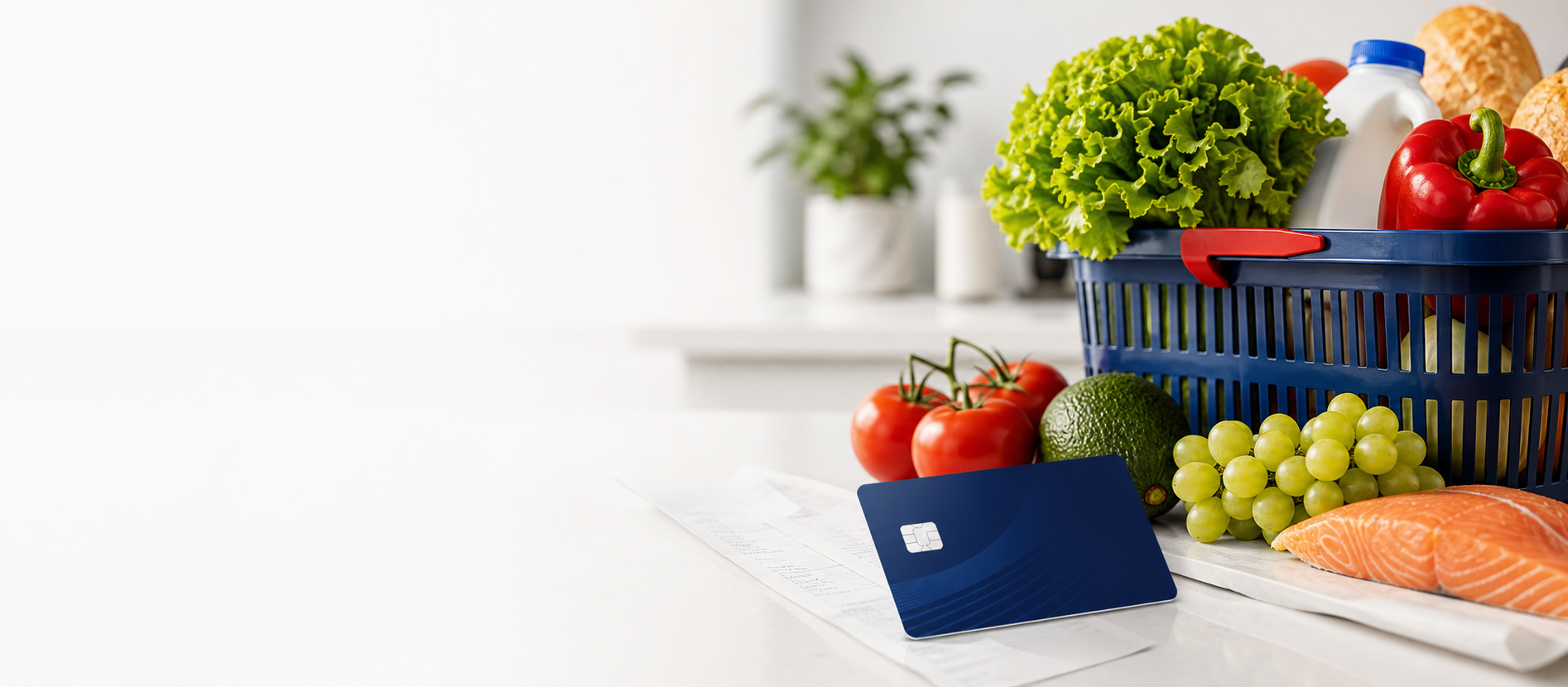 AI-generated grocery rewards card banner with card and fresh groceries